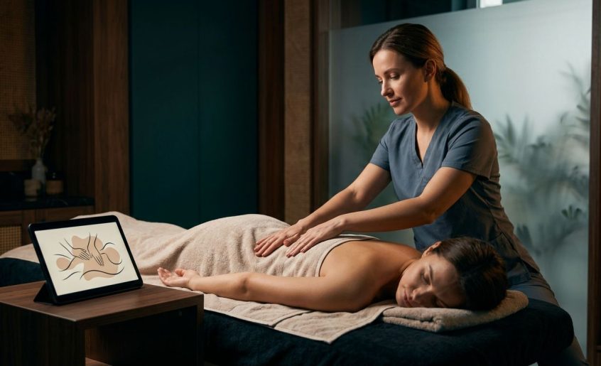 A therapist demonstrates a back massage on a fully draped client beside a tablet.