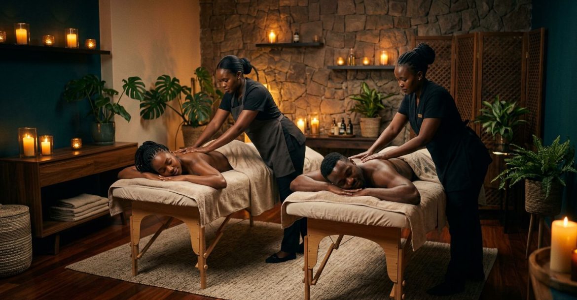 A couple receives synchronized massages in a warmly lit Nairobi spa.