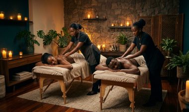 A couple receives synchronized massages in a warmly lit Nairobi spa.
