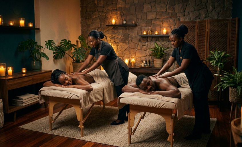 A couple receives synchronized massages in a warmly lit Nairobi spa.
