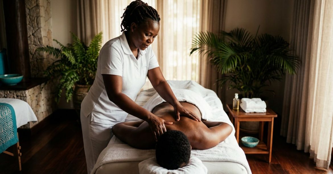 A massage therapist works on a client in a warmly lit, private spa room.