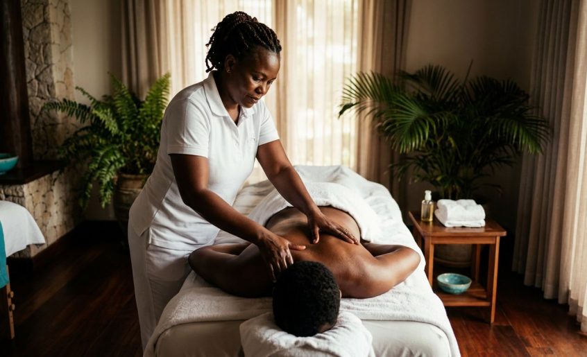 A massage therapist works on a client in a warmly lit, private spa room.