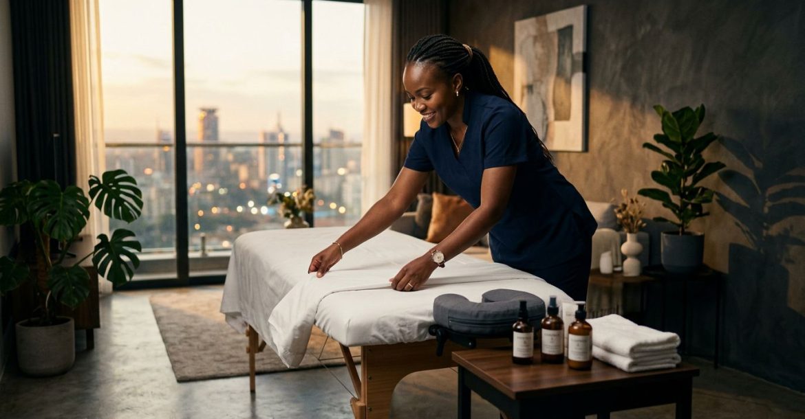Therapist preparing a massage table with oils in a bright Nairobi apartment.