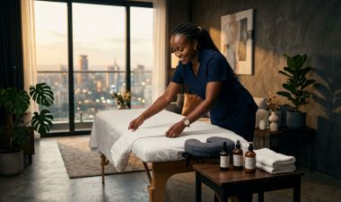 Therapist preparing a massage table with oils in a bright Nairobi apartment.