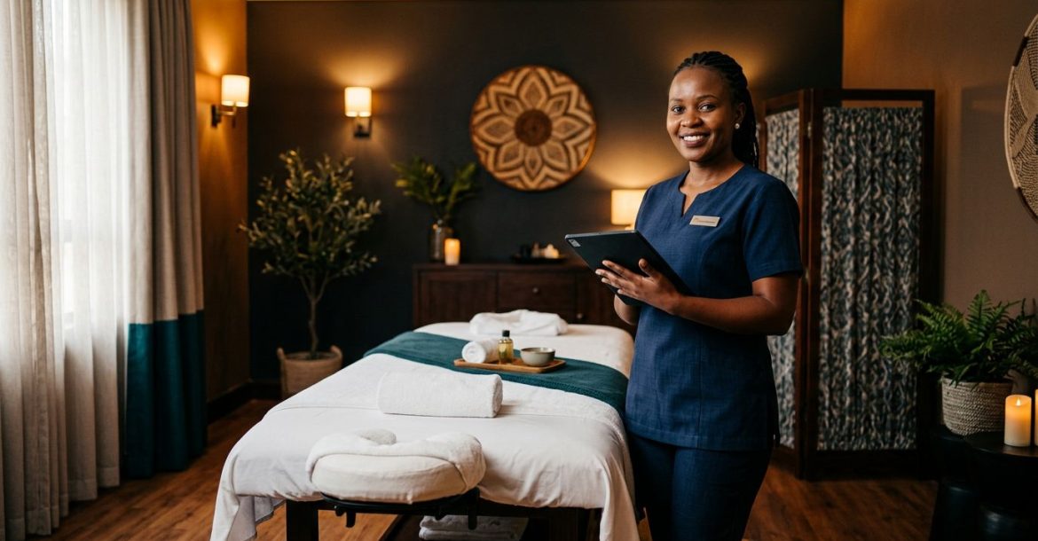 Therapist holding a tablet beside a massage table in a warmly lit spa.
