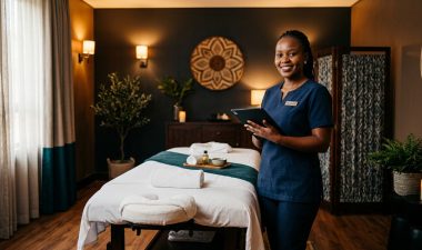 Therapist holding a tablet beside a massage table in a warmly lit spa.
