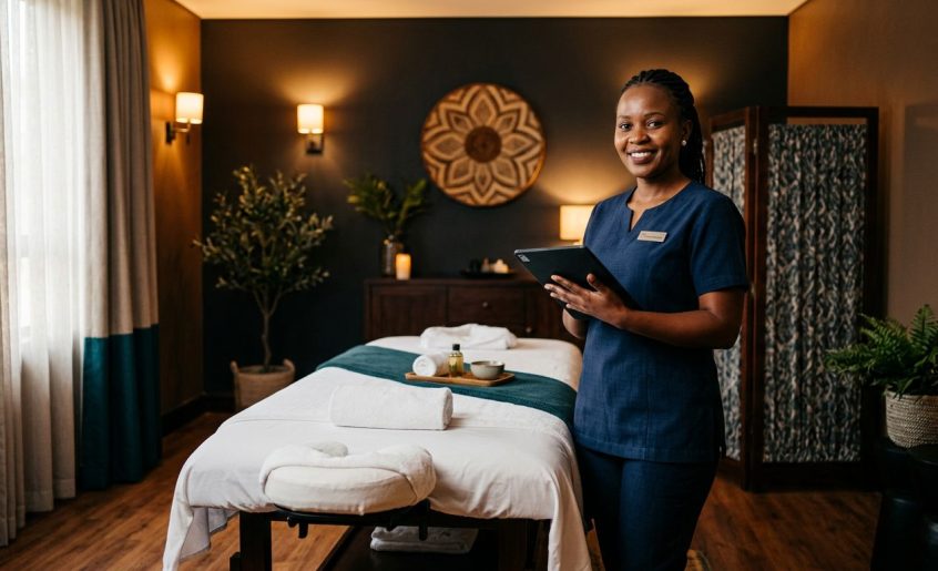 Therapist holding a tablet beside a massage table in a warmly lit spa.