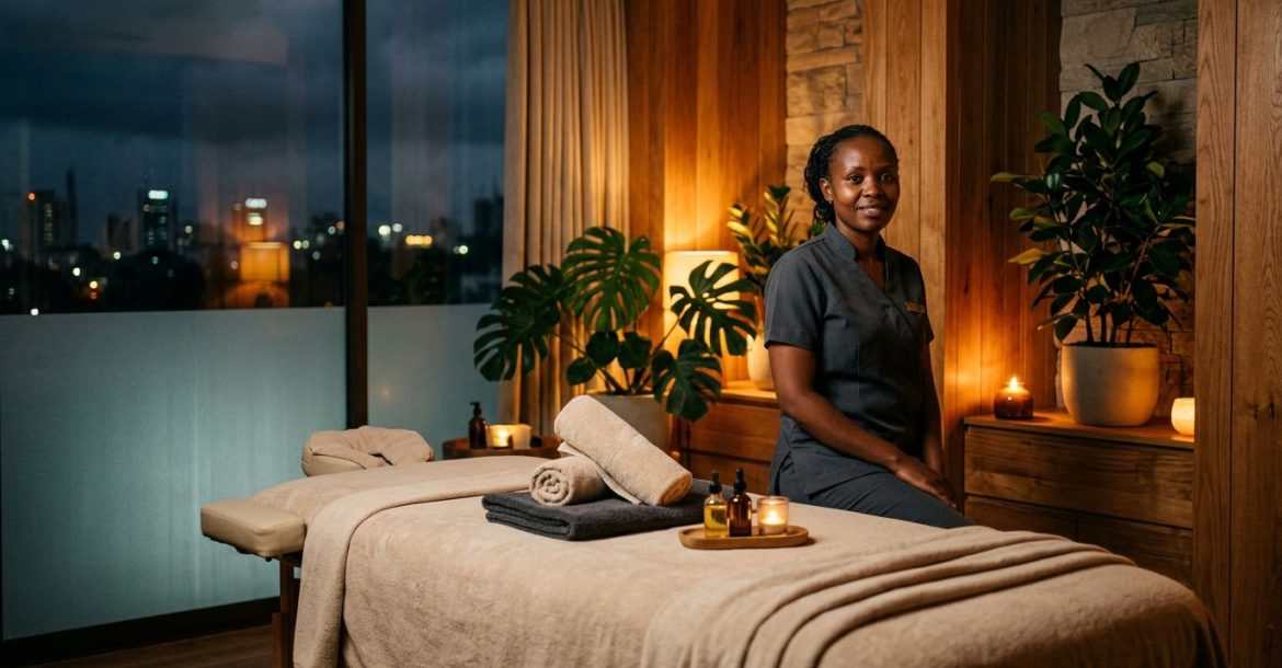 Therapist beside a massage table in a warm Nairobi spa room with plants and frosted glass.