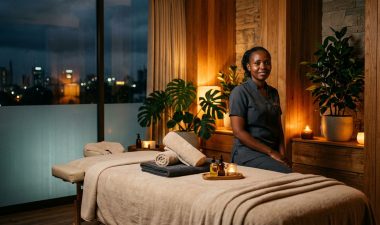 Therapist beside a massage table in a warm Nairobi spa room with plants and frosted glass.