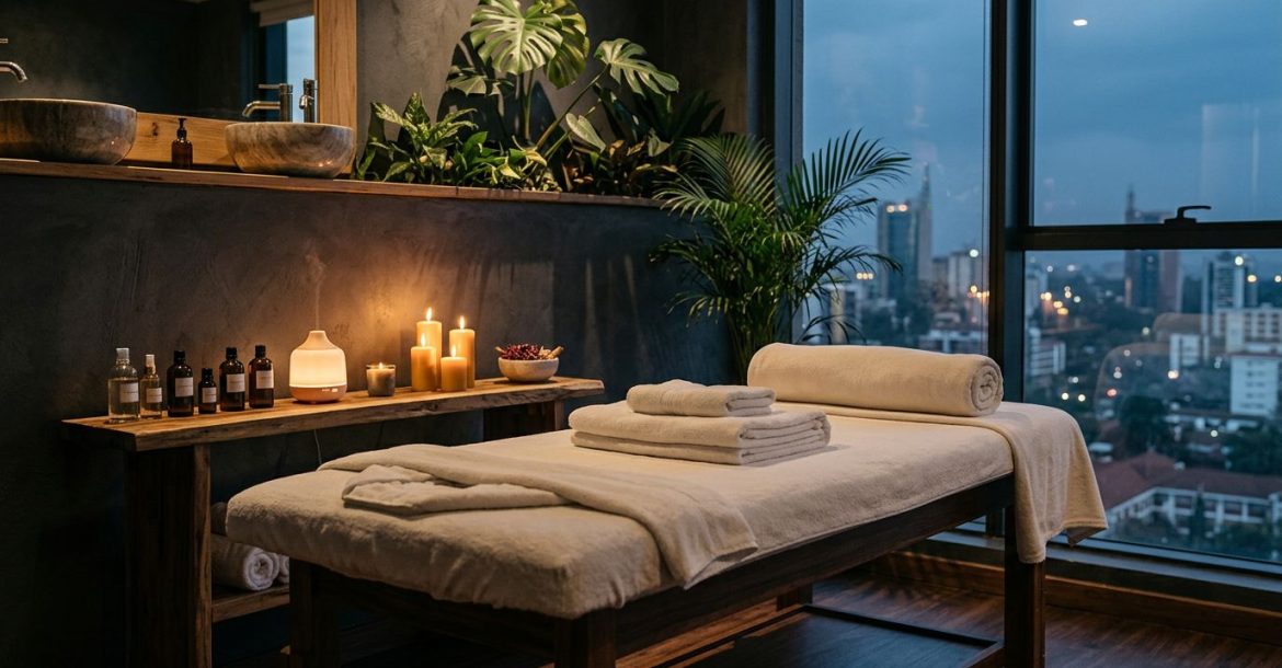 A massage table with white towels, oils, candles, greenery, and Nairobi skyline views.