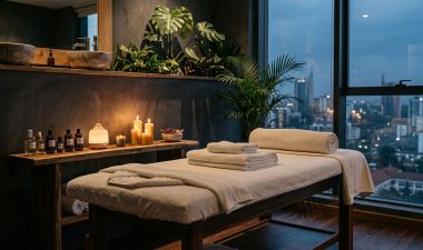 A massage table with white towels, oils, candles, greenery, and Nairobi skyline views.