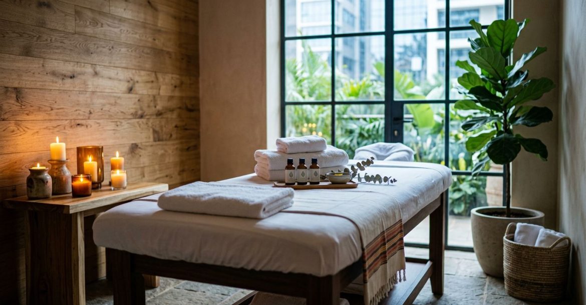A serene massage room with towels, oils, greenery, and warm candlelight.