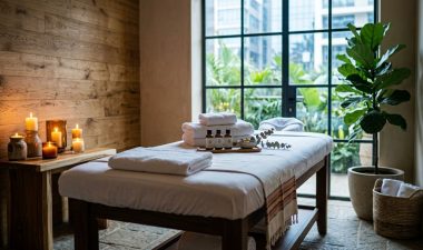 A serene massage room with towels, oils, greenery, and warm candlelight.