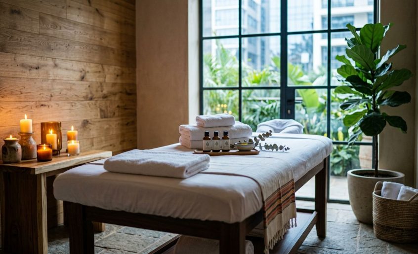 A serene massage room with towels, oils, greenery, and warm candlelight.