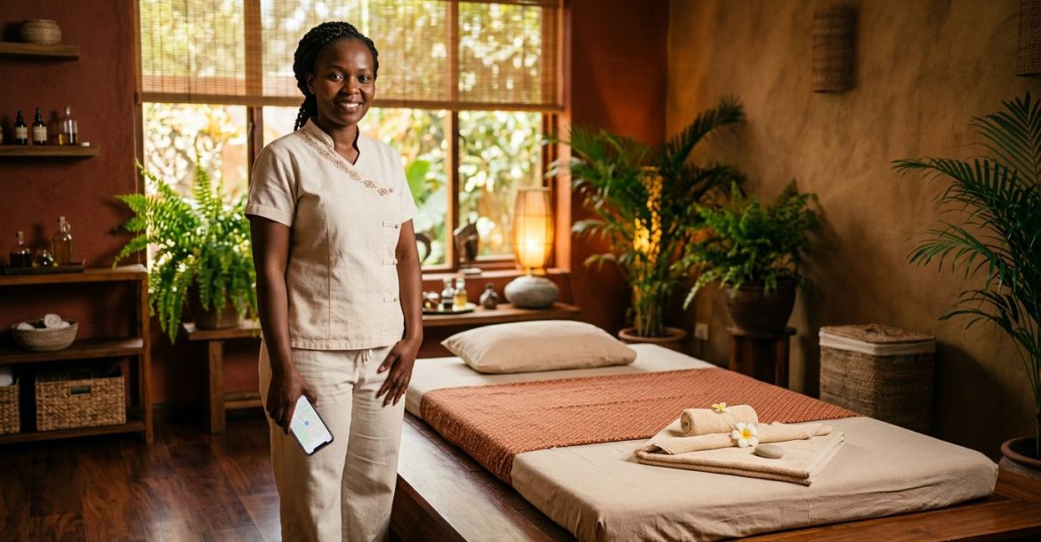 Massage therapist beside a Thai mat and folded towels in a warmly lit Nairobi spa.