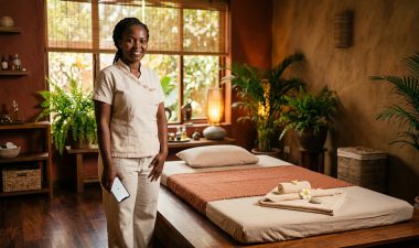 Massage therapist beside a Thai mat and folded towels in a warmly lit Nairobi spa.