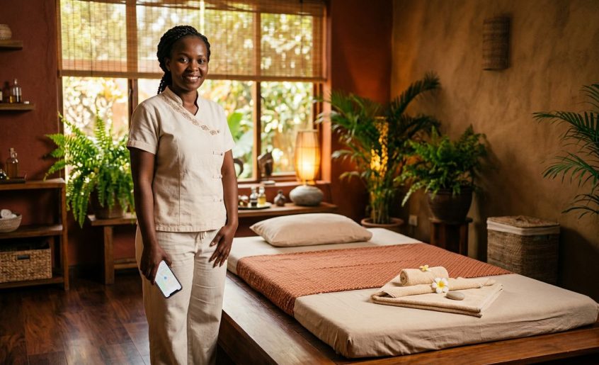 Massage therapist beside a Thai mat and folded towels in a warmly lit Nairobi spa.