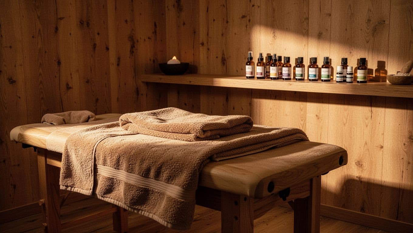 A clean massage room with oil bottles and a folded towel on a wooden shelf.