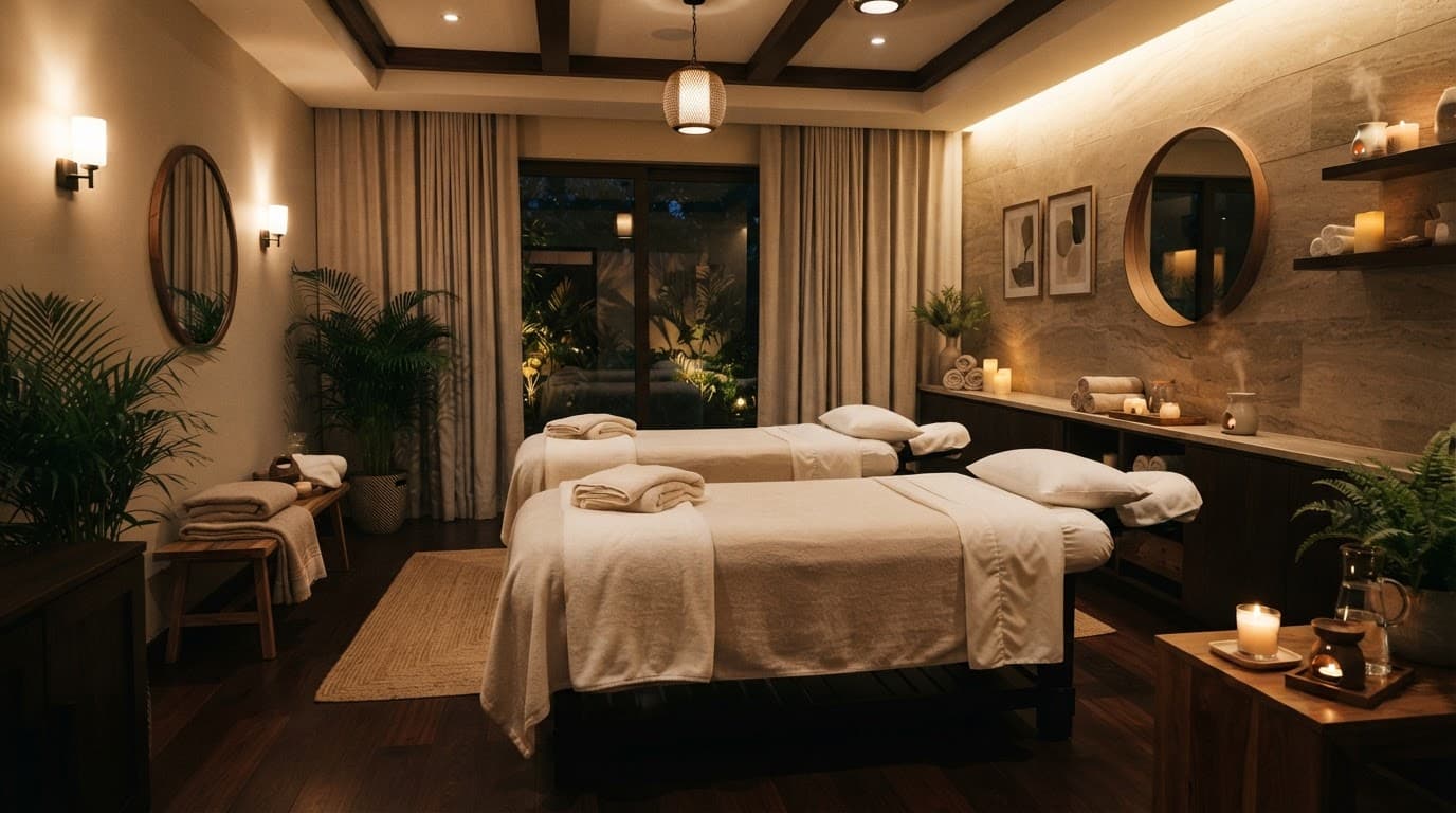 A serene spa room with two massage tables under warm lighting.