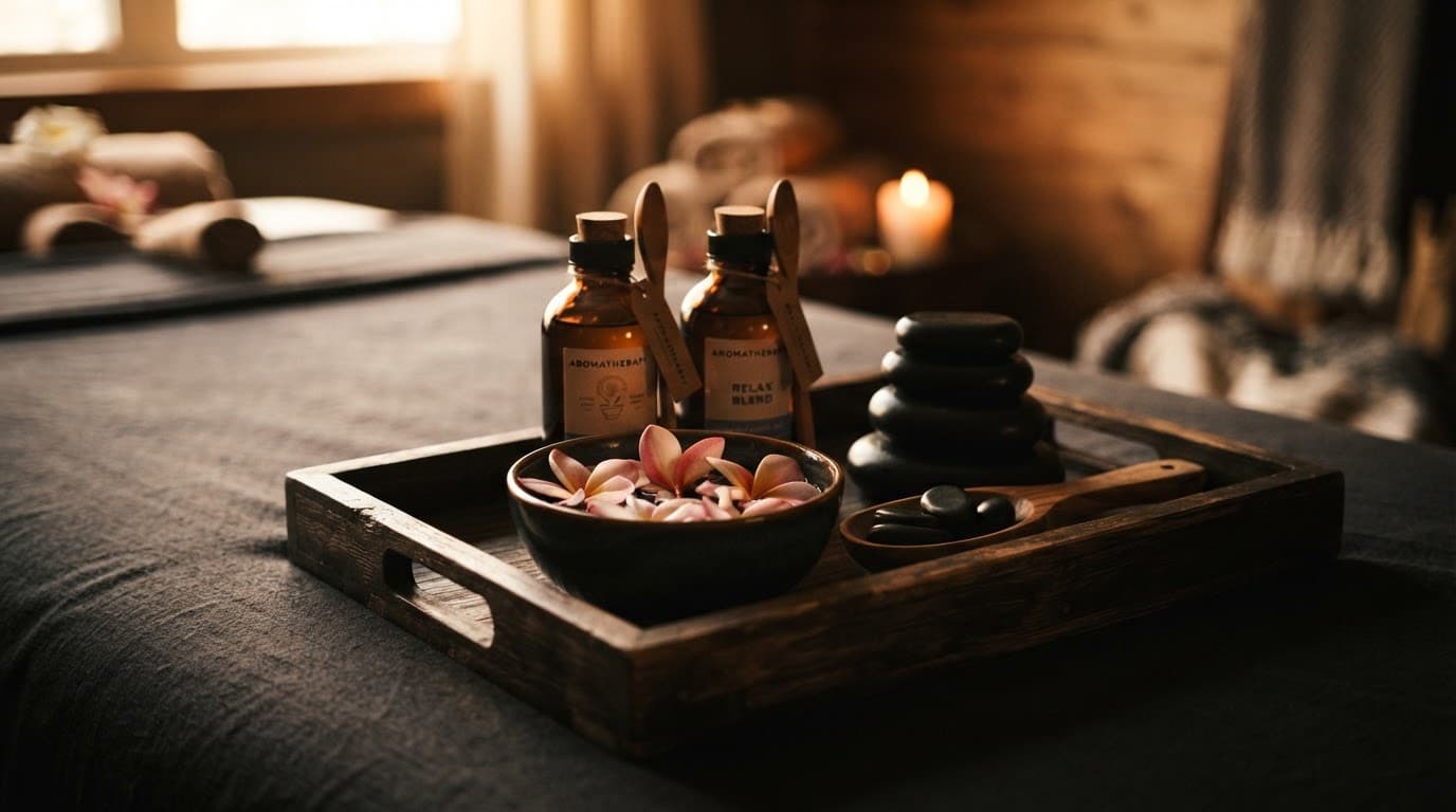 Massage oils, warm stones, and flower petals arranged on a dark wooden spa tray.