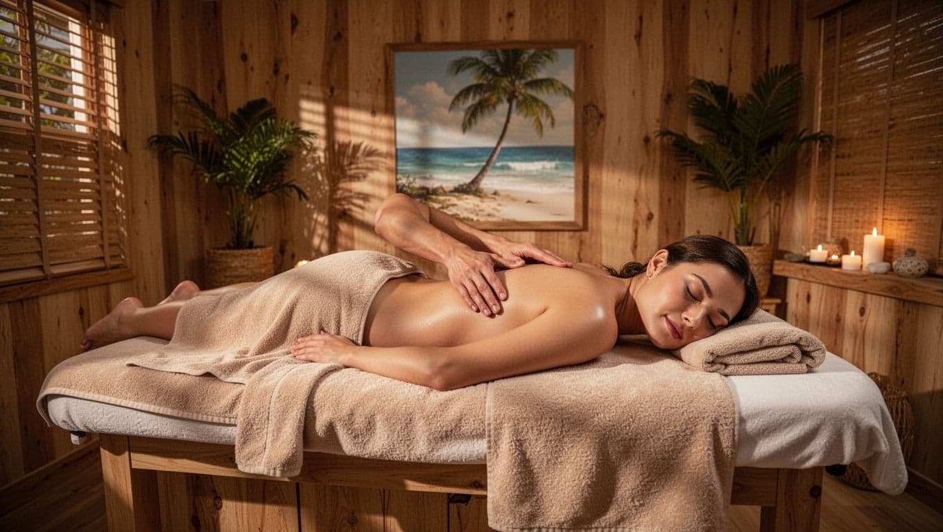 One person receiving a massage in a warm coastal spa room.