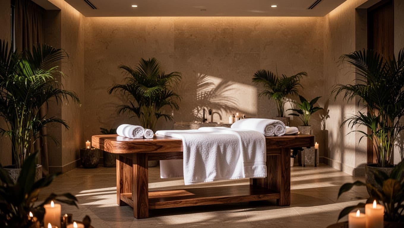 A warmly lit spa room with a wooden massage table, white towels, and tropical plants.