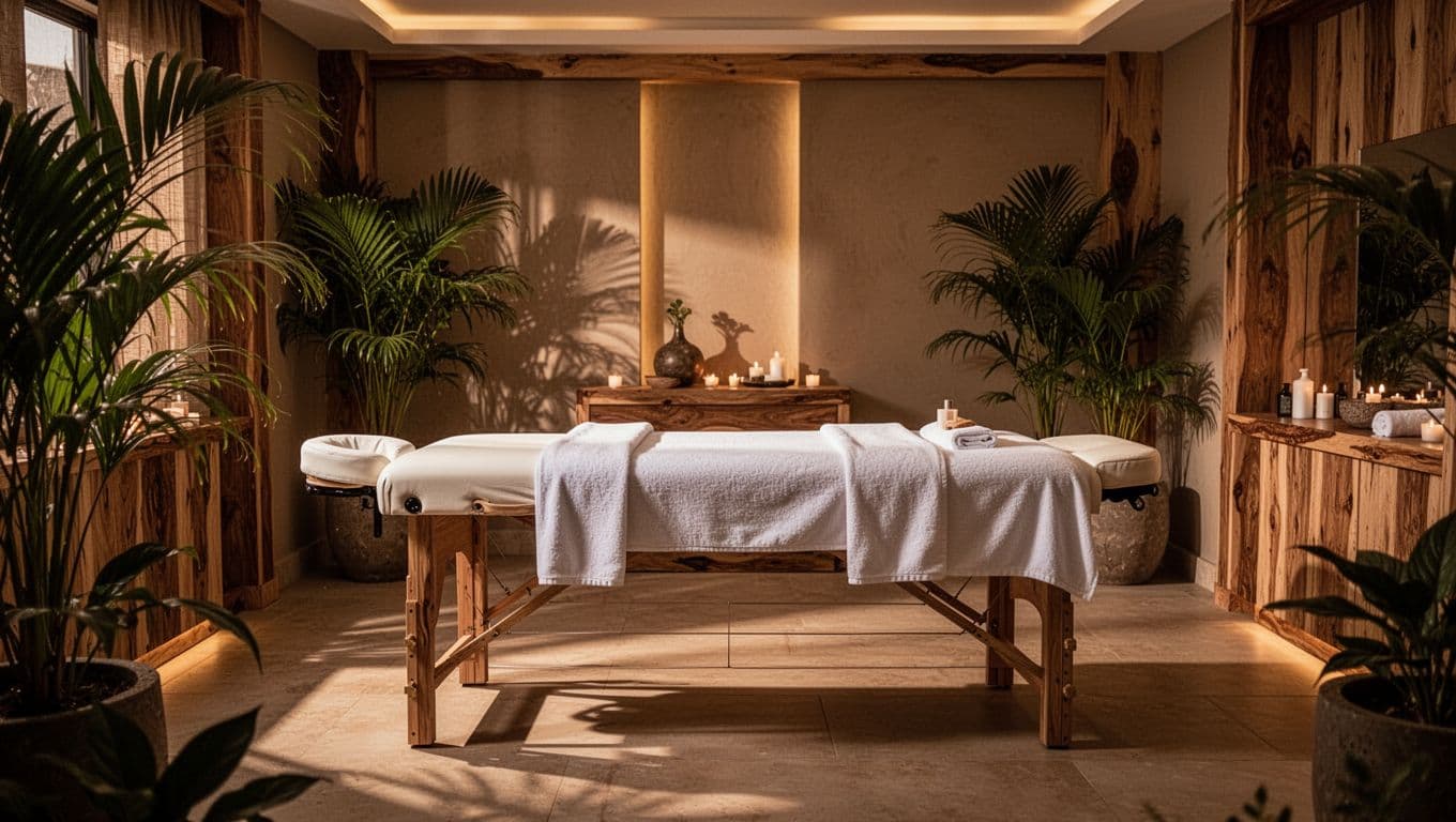 A massage table with white linens, warm lights, and tropical plants in a serene spa room.