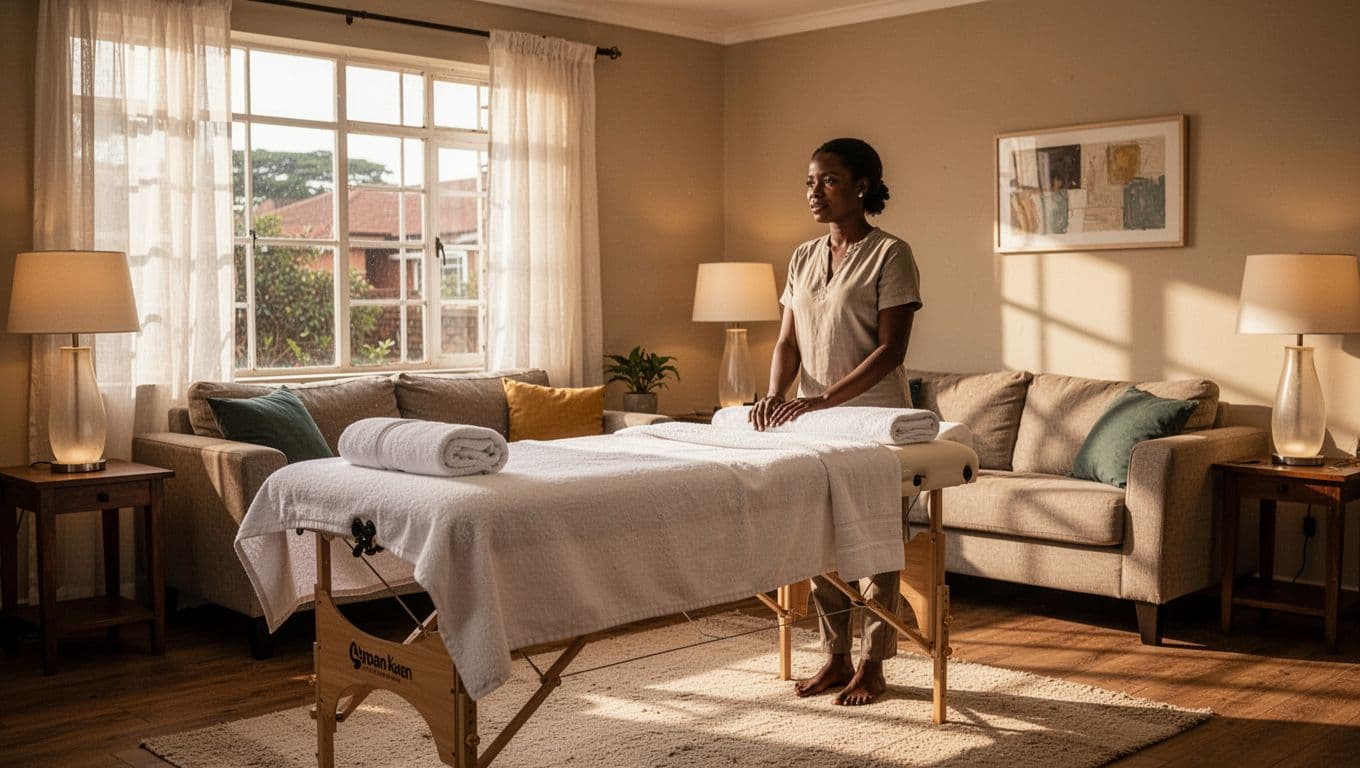A therapist beside a draped massage table in a bright apartment living room.