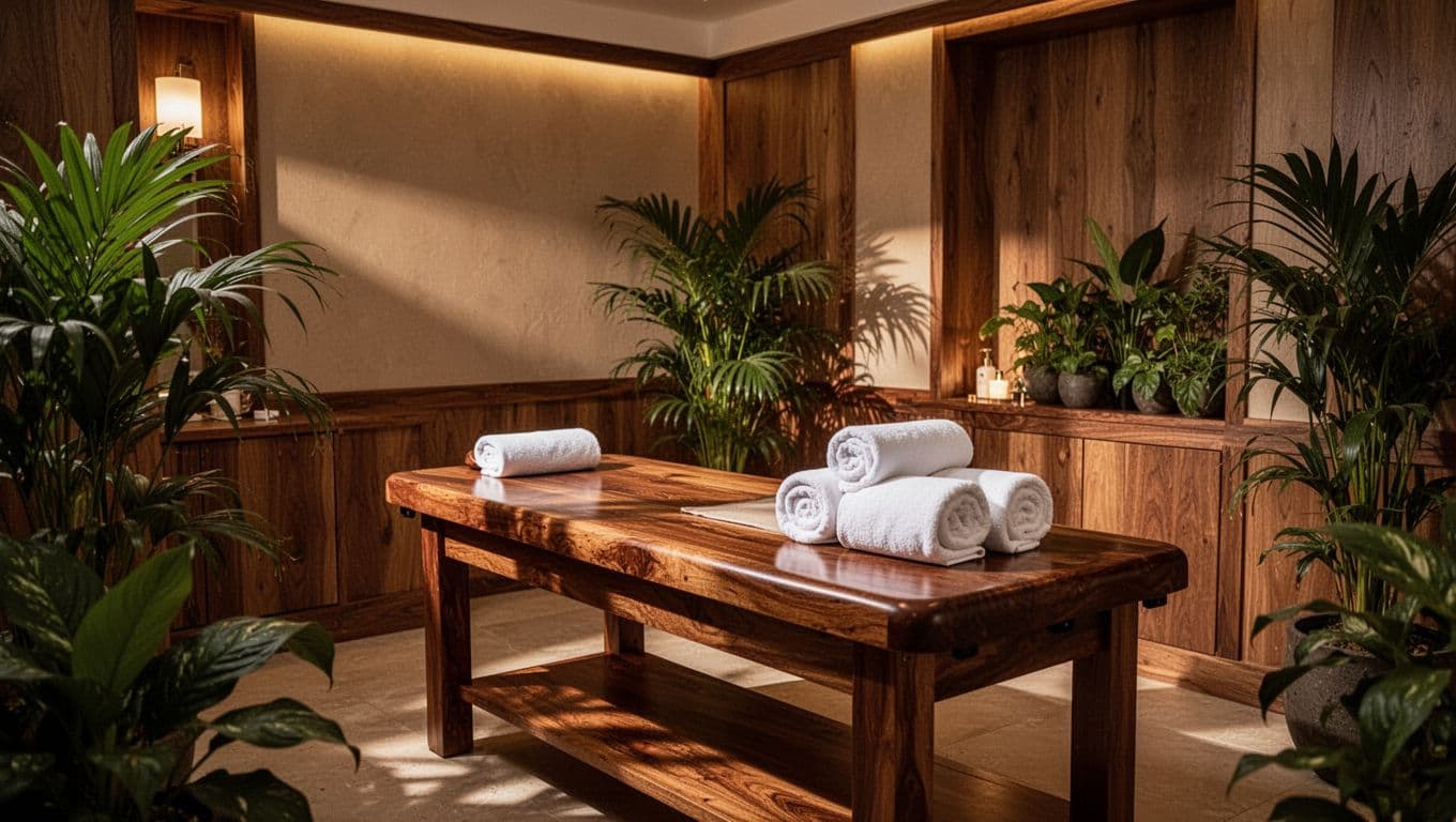 A wooden massage table with white towels, plants, and warm lighting in a tranquil spa room.