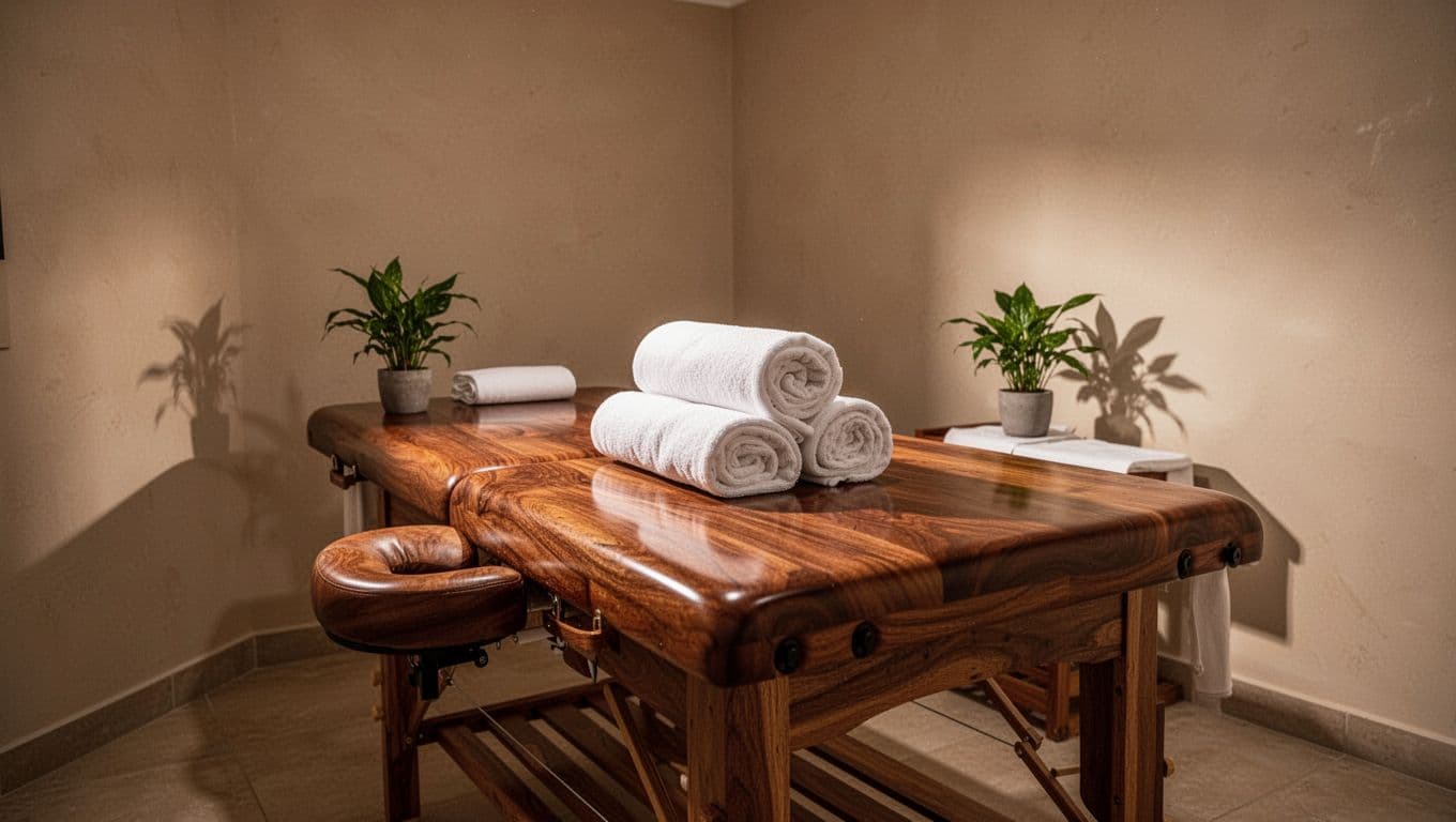 A wooden massage table with rolled towels and plants in a softly lit spa room.