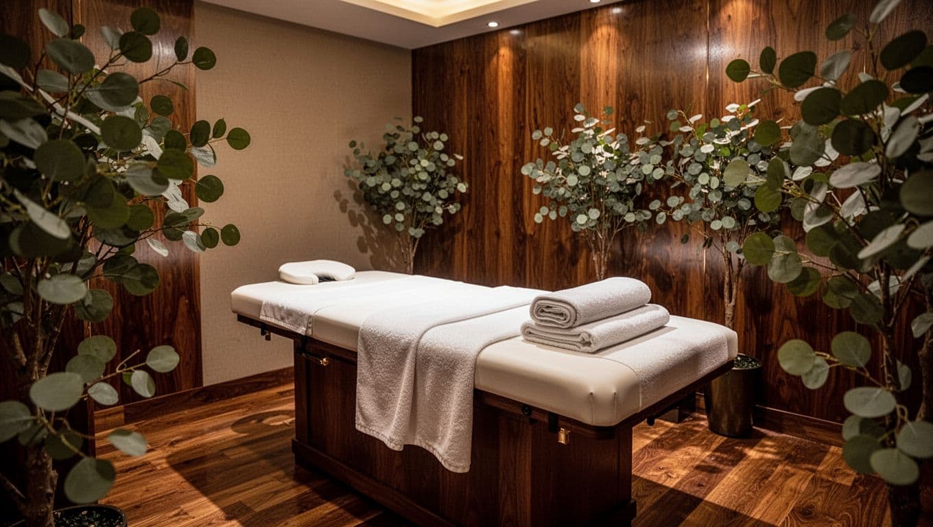 A clean massage table with folded towels and eucalyptus leaves in a softly lit spa room.