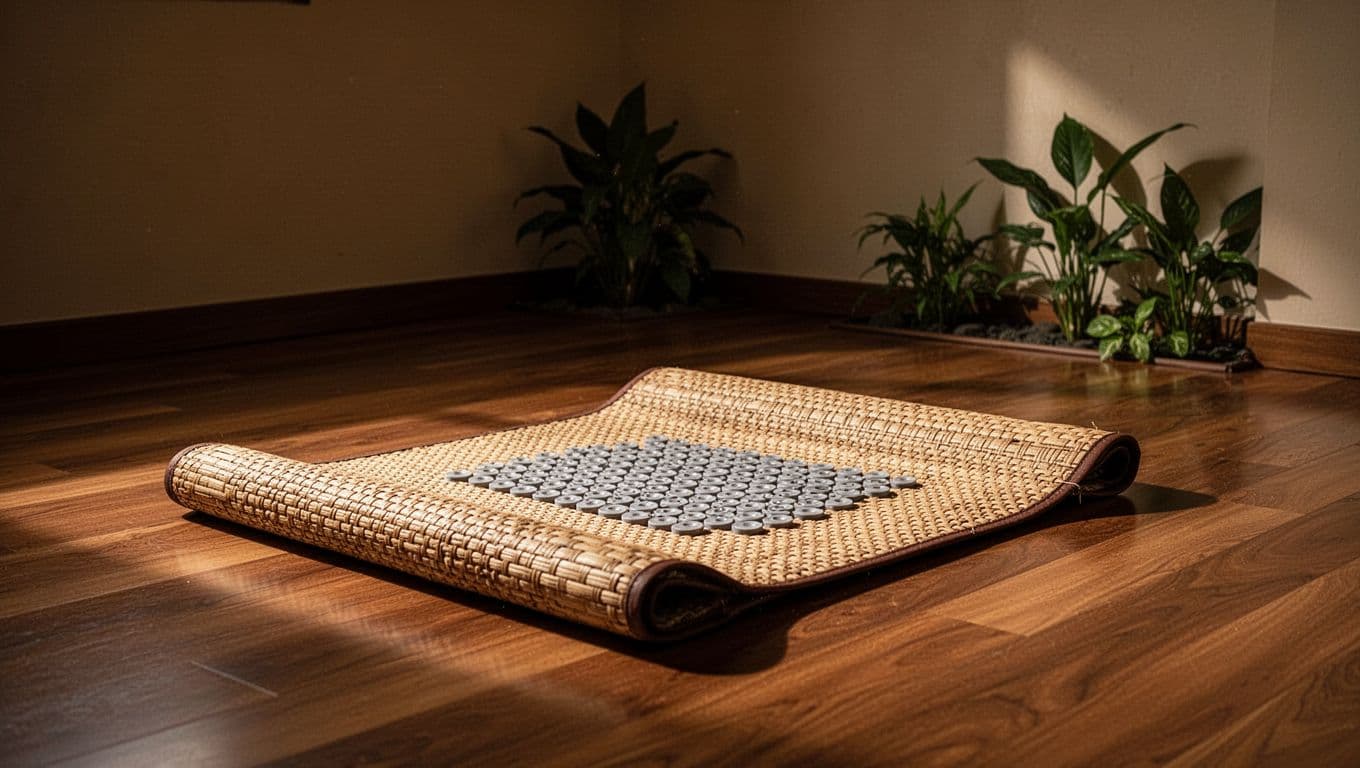 An empty spa room with a woven mat, wooden floor, warm light, and corner plants.