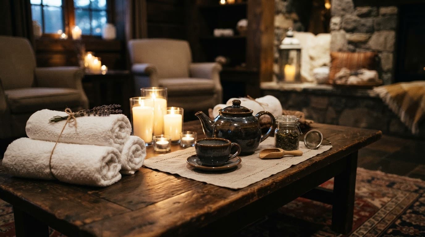 Rolled white towels, a teapot, and candles arranged on a spa lounge table.
