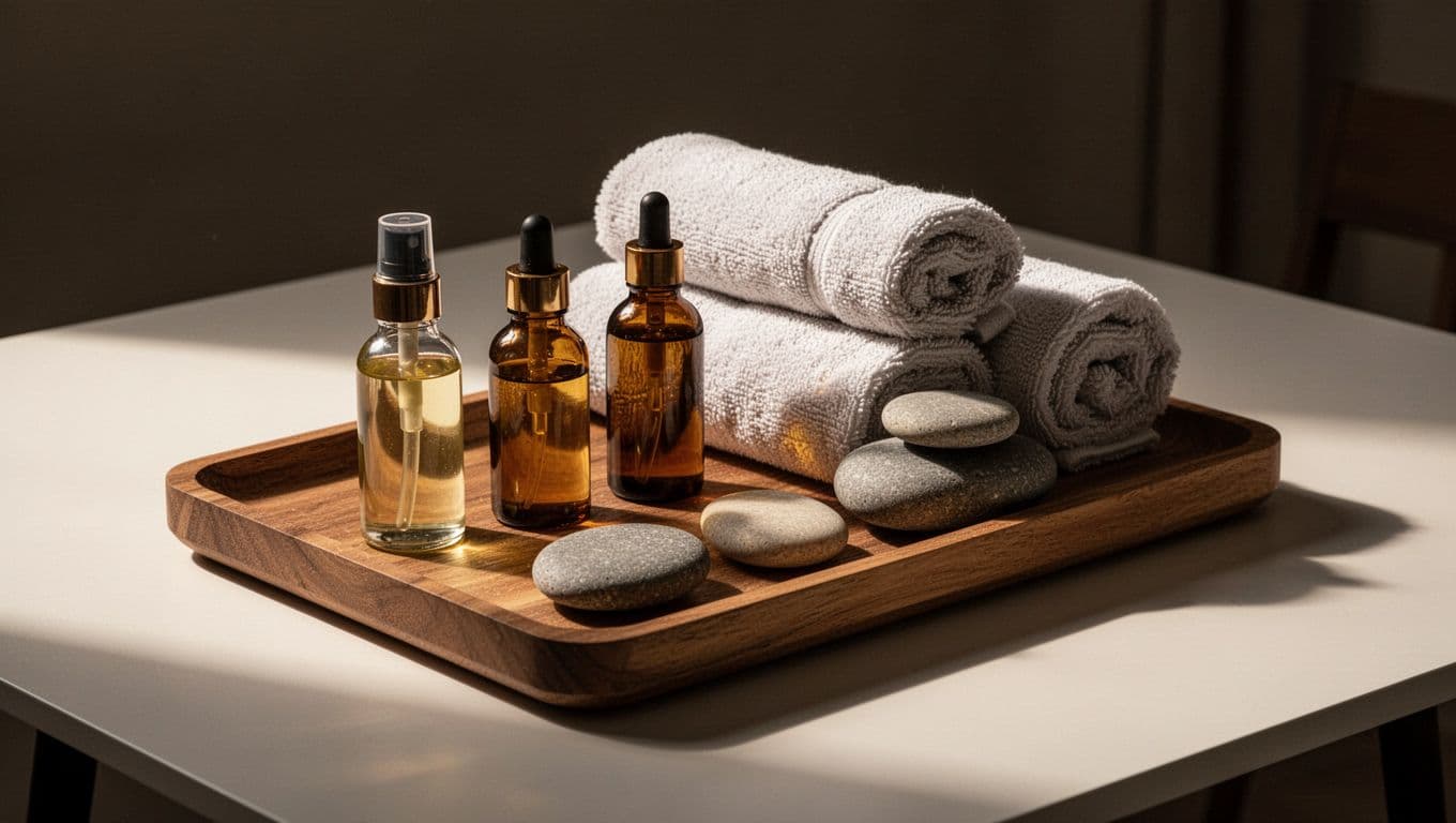 A wooden tray with massage oils, rolled towels, and smooth stones on a clean table.